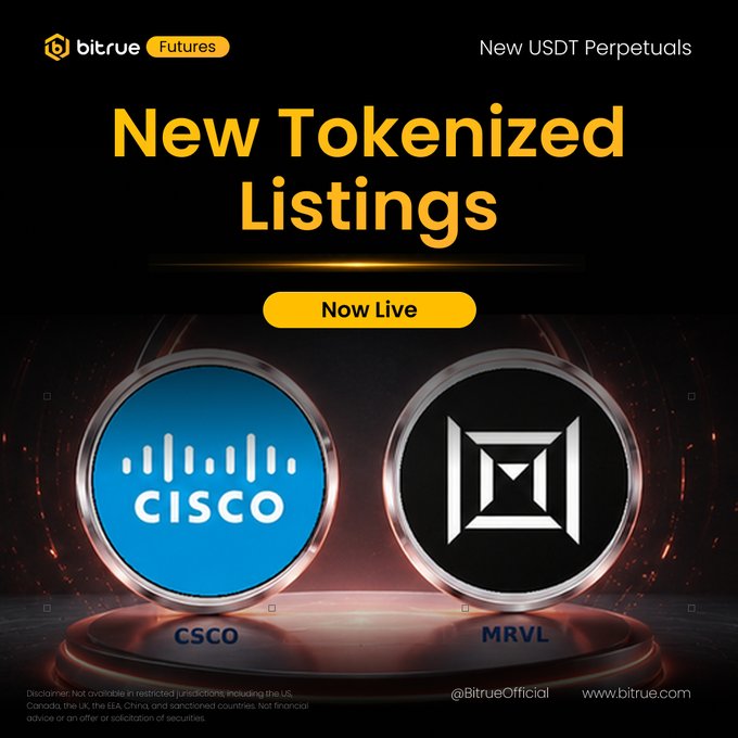 The image is a Bitrue Futures promotional graphic announcing "New Tokenized Listings" for CSCO and MRVL, featuring their logos on illuminated platforms with "Now Live" text and noting these are available as New USDT Perpetuals. It aligns with the post by promoting the availability of CSCOUSDT and MRVLUSDT trading pairs on Bitrue Futures for the AI networking and data center-focused companies Cisco and Marvell.