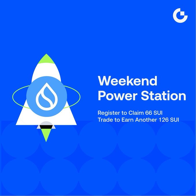A blue promotional graphic with a rocket and Sui logo reading 'Weekend Power Station - Register to Claim 66 SUI, Trade to Earn Another 126 SUI'.