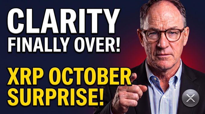 The image appears to be a YouTube thumbnail featuring a man in glasses pointing at the camera, with bold text reading "CLARITY FINALLY OVER!" and "XRP OCTOBER SURPRISE!" alongside the XRP (Ripple) logo. The thumbnail's clickbait-style headlines about XRP clarity and an October surprise align with the post's promotional message urging viewers to watch the full video about a potential XRP explosion and altcoin season signals.