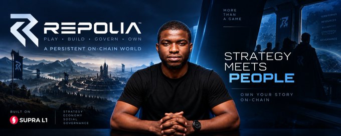 A promotional banner for 'REPOLIA' featuring a man in a black shirt with text reading 'PLAY · BUILD · GOVERN · OWN', 'STRATEGY MEETS PEOPLE', and 'BUILT ON SUPRA L1'.