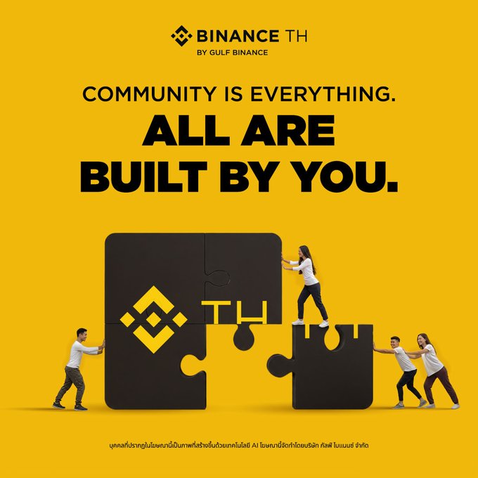 Binance TH promotional graphic with the text 'COMMUNITY IS EVERYTHING. ALL ARE BUILT BY YOU.' showing people pushing large black puzzle pieces bearing the Binance logo on a yellow background.