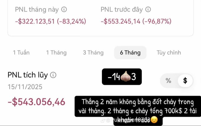 A trading PNL dashboard showing monthly loss of -$322,123.51 (-83.24%) and previous day's loss of -$553,245.14 (-96.87%), with an accumulated PNL of -$543,056.46 and a caption in Vietnamese about losing over $700k in 2 months.