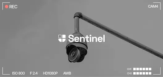 The image shows a CCTV surveillance camera branded "Sentinel" displayed within a camcorder interface marked "REC" and "CAM4," with technical readouts of ISO 800, F2.4, HD1080P, and AWB—visually representing the Sentinel surveillance product launched by VidaioAI (SN85) within the TAO ecosystem as referenced in the post.