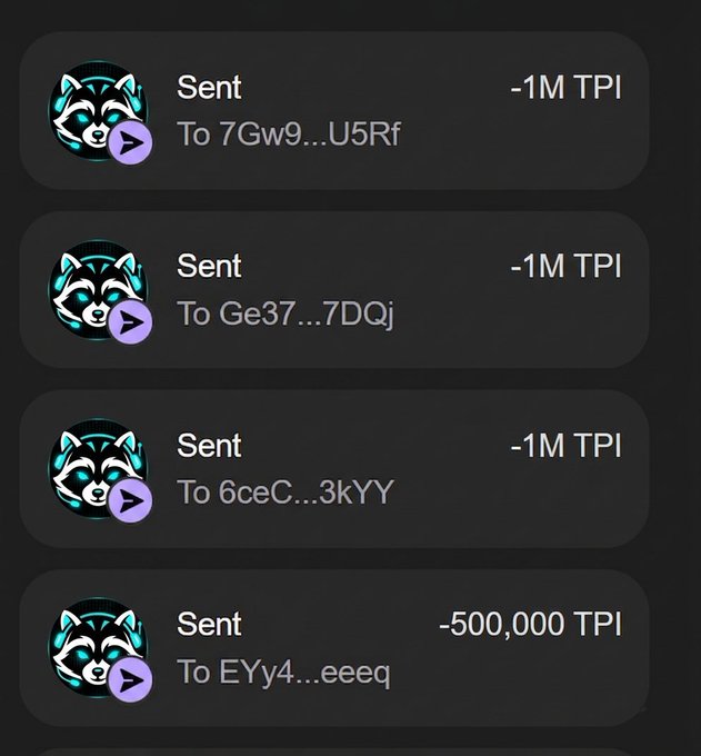 The image shows a list of four completed $TPI token airdrop transactions, each marked as "Sent" to different recipient wallet addresses (7Gw9...U5Rf, Ge37...7DQj, 6ceC...3kYY, and EYy4...eeeq) with amounts of -1M TPI, -1M TPI, -1M TPI, and -500,000 TPI respectively. This appears to serve as proof of the airdrop distribution mentioned in the post, which is offering 50,000 $TPI tokens to the first 500 wallets to engage with the pinned post.