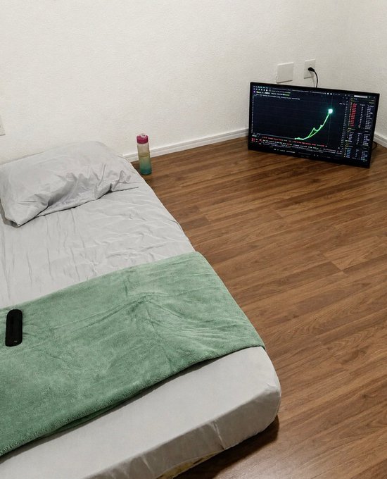 The image shows a brown hardwood floor, a bed with two pillows and a green blanket or throw, a flat-screen television displaying a stock graph, and an open remote control for the TV. The main focus of the image seems to be on the bed and its surrounding elements.