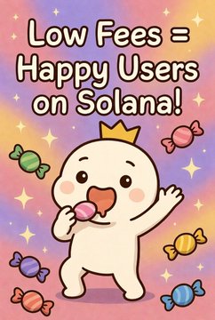 A cute cartoon character wearing a crown happily eats candy surrounded by colorful sweets, with the text "Low Fees = Happy Users on Solana!" displayed at the top. The image's cheerful theme of low fees and user happiness visually contrasts with the post's cautionary message about Solana's risks, price volatility, and historical network stability issues.