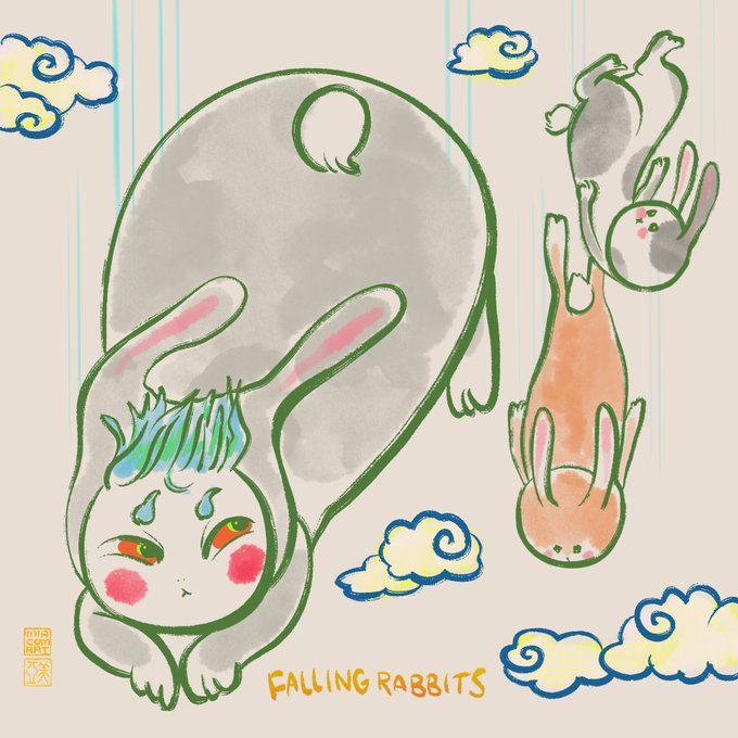 An illustration titled 'Falling Rabbits' depicts cartoon bunnies tumbling through a sky with stylized clouds.