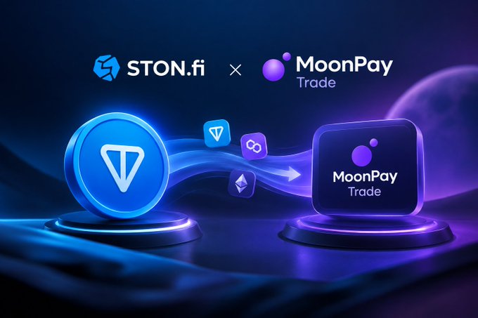 A promotional graphic for STON.fi x MoonPay Trade, featuring a glowing blue Toncoin symbol flowing into a purple MoonPay Trade icon against a cosmic background.
