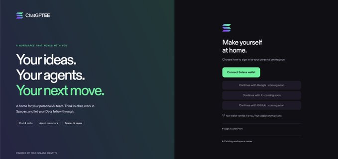 A promotional screenshot for 'ChatGPTEE,' a personal workspace featuring 'Your ideas. Your agents. Your next move,' with a sign-in interface offering options like 'Connect Solana wallet,' Google, X, and GitHub.