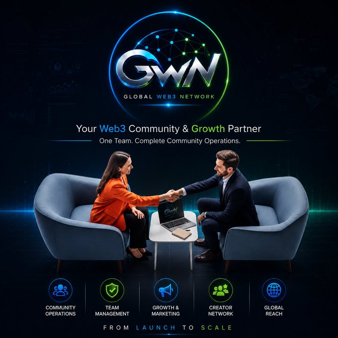 The image showcases GWN (Global Web3 Network) branding with two professionals shaking hands across a laptop displaying the GWN logo, set against a futuristic dark blue background featuring service icons for Community Operations, Team Management, Growth & Marketing, Creator Network, and Global Reach, with the tagline "Your Web3 Community & Growth Partner" and "From Launch to Scale."

This visual reinforces the post's message by depicting the handshake between a client and GWN partner, symbolizing the seamless partnership through which GWN becomes the dedicated team managing community growth—from launch to scale—for Web3 projects.