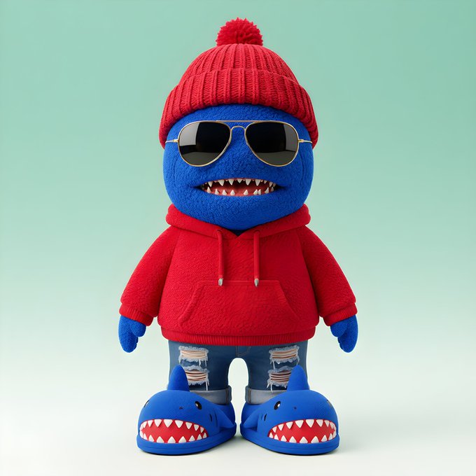 A 3D-rendered cartoon character with a blue fuzzy body, sharp teeth, wearing a red knit beanie, red hoodie, sunglasses, and shark-faced slippers.
