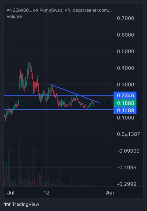 A 4-hour candlestick chart for ANSEM/SOL on PumpSwap shows the token trading in a descending wedge pattern between roughly $0.1489 and $0.2346, with current price around $0.1888. The post's bullish "$1 by end of year" target represents nearly a 5x gain from current levels, which would require a significant breakout above the resistance zone currently capping price action.