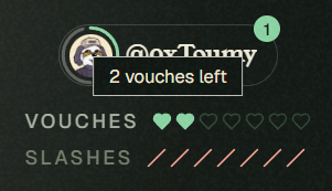 A digital interface showing a user profile '@oxTomy' with a notification '2 vouches left', and below it two 'VOUCHES' filled hearts (one green, one gray) and four 'SLASHES' tally marks.