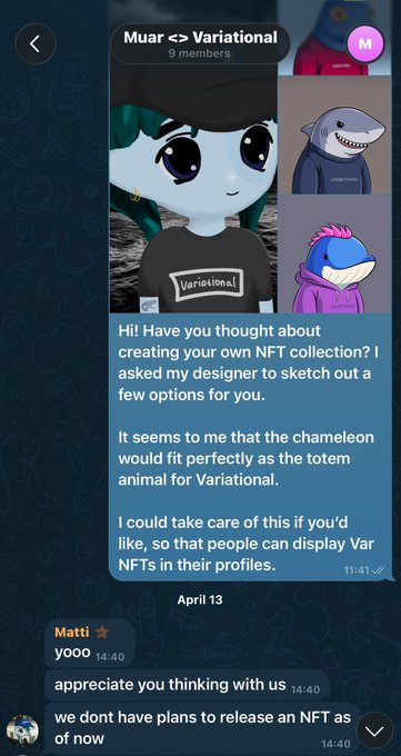 A Telegram chat in the 'Muar <> Variational' group shows a message about creating an NFT collection using a chameleon as the totem animal, followed by a reply stating 'we dont have plans to release an NFT as of now'.