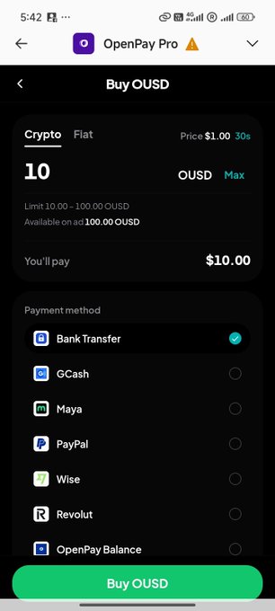 Screenshot of OpenPay Pro app showing a 'Buy OUSD' interface with 10 OUSD selected and payment methods including Bank Transfer, GCash, Maya, PayPal, Wise, Revolut, and OpenPay Balance.