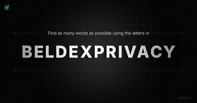 A promotional graphic with the text 'Find as many words as possible using the letters in BELDEXPRIVACY' on a dark grid background, with 'beldex.io' in the corner.