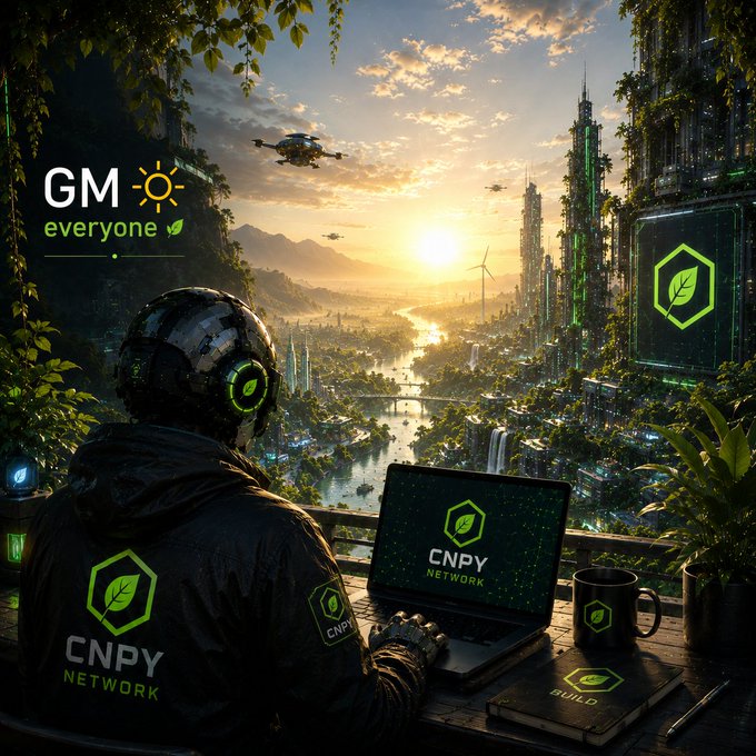 A futuristic scene showing a person wearing a 'CNPY NETWORK' branded helmet working on a laptop, overlooking an eco-tech city with 'GM everyone' and leaf logo graphics displayed.