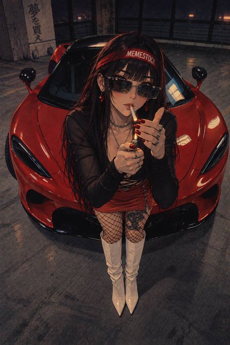 An anime-style illustration of a girl with long dark hair wearing a red 'MEMESTOCK' headband, dark sunglasses, a black mesh top over a red mini skirt, fishnet stockings, and white thigh-high boots. She is lighting a cigarette and standing in front of a red sports car in a nighttime setting.