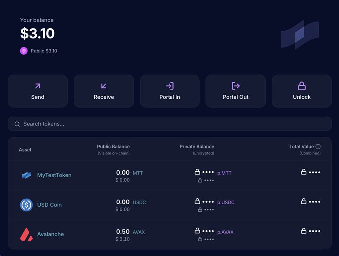 A dashboard displays a wallet balance of $3.10 with options to Send, Receive, Portal In, Portal Out, and Unlock, alongside a token list showing holdings in MyTestToken (MTT), USD Coin (USDC), and Avalanche (AVAX) with both public and private balances—illustrating COTI Network's new privacy portal on Avalanche that enables shielded transaction features.