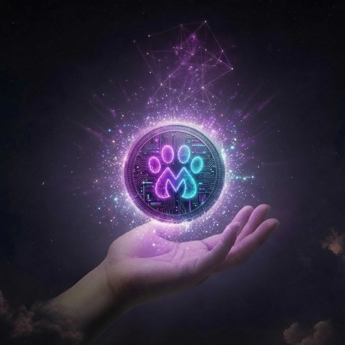 A glowing, mystical coin displaying the "MYRO" paw print logo and circuit board design hovers above an outstretched hand against a starry purple cosmic backdrop, symbolizing the divine, almost magical nature of holding the MYRO token. The ethereal, celestial imagery reinforces the post's blessing of MYRO HODLers by portraying the cryptocurrency as a treasured, otherworldly reward.