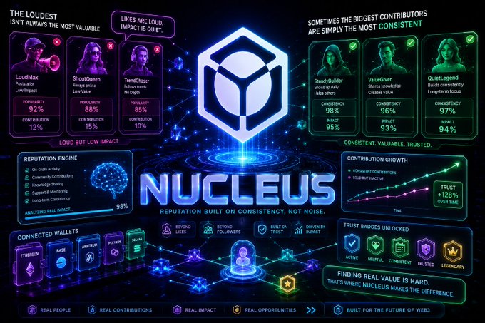 A promotional infographic for 'NUCLEUS' featuring the tagline 'REPUTATION BUILT ON CONSISTENCY, NOT NOISE,' showing examples of 'LOUD BUT LOW IMPACT' users versus 'CONSISTENT, VALUABLE, TRUSTED' contributors, along with sections on reputation engine, contribution growth, connected wallets, and trust badges.