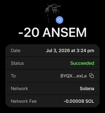 A dark-themed transaction confirmation screen shows a successful transfer of "-20 ANSEM" tokens dated Jul 3, 2026 at 3:24 pm, sent to a wallet ending in "exLa" on the Solana network with a network fee of -0.00008 SOL, serving as proof of the airdrop distribution mentioned in the post.