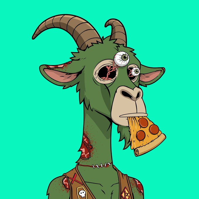 A cartoon illustration of a green zombie-like goat creature with stitched wounds, bulging bloodshot eyes, horns, and eating a slice of pepperoni pizza on a teal background.