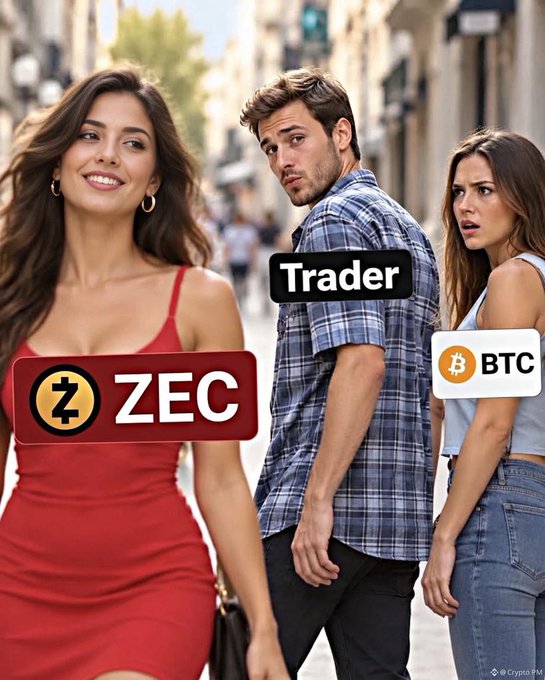 A 'distracted boyfriend' meme featuring three people labeled as 'ZEC', 'Trader', and 'BTC' (Bitcoin), suggesting the trader is leaving BTC for ZEC.