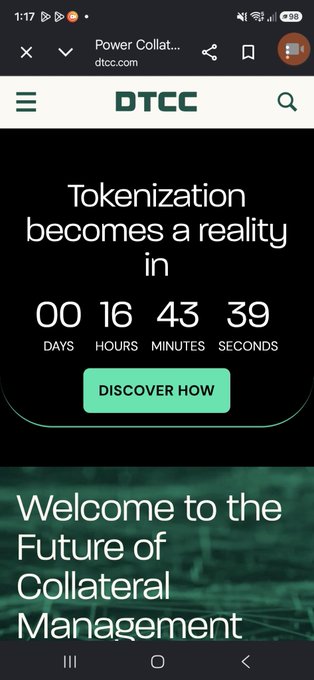 A countdown timer on DTCC.com reads 00 days, 16 hours, 43 minutes, 39 seconds until "Tokenization becomes a reality," aligning with the post's anticipation of a major tokenization event with DTCC and Chainlink happening in 16 hours.