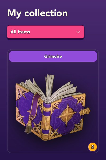 A mobile app screenshot titled 'My collection' showing a 'Grimoire' item, which is an ornate purple and gold book illustration with the number 2 displayed.