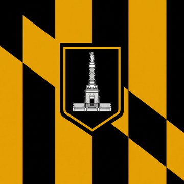 The image displays the flag of Baltimore, Maryland, featuring its distinctive black and yellow checkered pattern with the city's coat of arms in the center, which depicts a monument. This relates to the post about Baltimore filing a lawsuit against Kalshi and Polymarket for allegedly operating unlicensed sports gambling platforms.