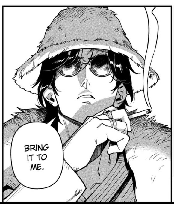 A black and white manga panel showing a character wearing a fur hat and round sunglasses, with a speech bubble saying 'BRING IT TO ME.'