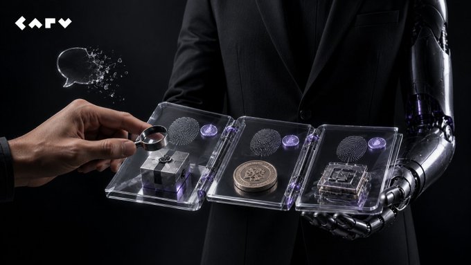 The image shows a person in a dark suit extending a robotic, metallic arm with a transparent mechanical palm holding three fingerprint-scanned containers, each protecting an item—a silver ring, a wooden stamp, and a silver coin—from a human hand reaching in with a magnifying glass; the "CARV" logo appears in the top left corner alongside a speech bubble graphic, visually reinforcing the post's message about "Know Your Agent" by illustrating the need for agents to verify their identity and reputation through transparent, inspectable credentials rather than relying on blind trust.
