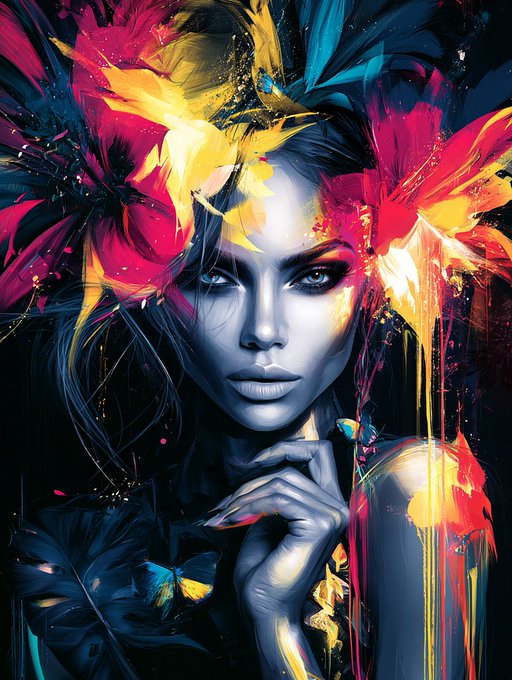 A vibrant digital portrait of a woman with striking blue eyes, surrounded by explosive splashes of colorful paint in yellow, pink, red, and blue, with a small butterfly near her hand.
