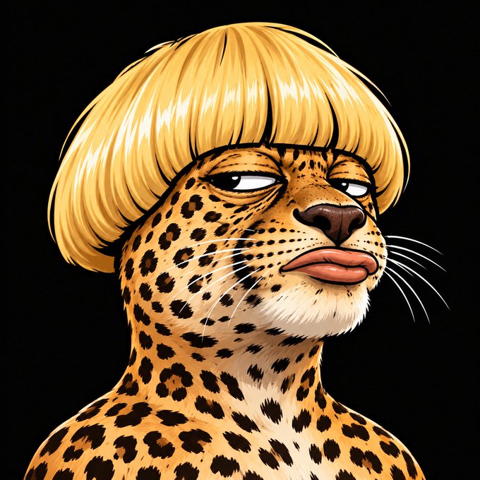 Digital artwork of a leopard wearing a blonde bob haircut with bangs, featuring human-like lips and a bored expression against a black background.