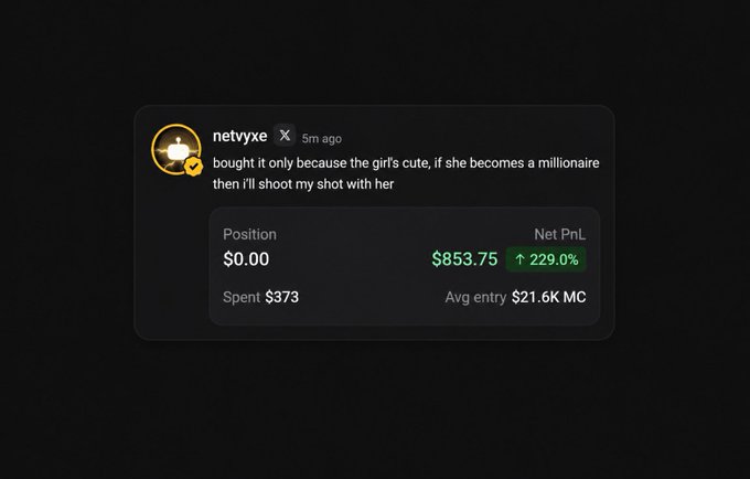 A screenshot of a social media post by user "netvye" on what appears to be a trading platform, showing an account with $853.75 net PnL (+229%) on $373 spent with a $0.00 position and $21.6K MC avg entry. The post humorously states buying a coin only because "the girl's cute," with plans to confess to her if she becomes a millionaire, complemented by an avatar featuring a small character illustration.