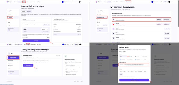 A multi-panel screenshot tutorial of the FLOOZ platform highlights 'Register activity' features in purple and red boxes, showing interfaces for capital management and profile settings.