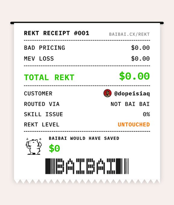 A digital 'REKT RECEIPT #001' from baibai.cx/rekt showing a total rekt amount of $0.00 for customer @dopeisiaq, with 0% skill issue and an 'UNTOUCHED' rekt level.