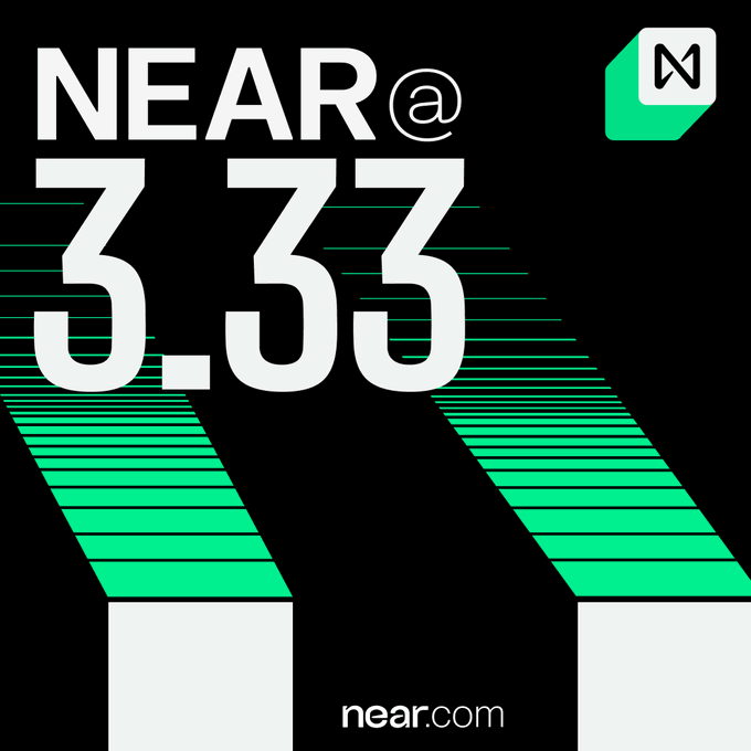The image features a black background with white text that reads "Near@3.33". Below this, there are two green squares stacked vertically against each other. The text "Near@a @ 3.33" is written in white letters above the squares. In the bottom right corner of the image, there's a small logo for Near.com.