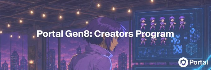 The image advertises the "Portal Gen8: Creators Program" with pixel art characters on a screen, showcasing the game development aspect mentioned in the post. The "Portal" logo is also visible.