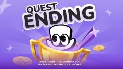 Animated purple graphic with a cartoon character in a treasure chest labeled 'QUEST ENDING' with text 'Must find the moment you haven't officially launched.'