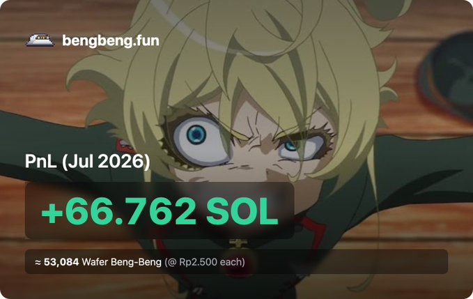 An anime character with an intense expression appears behind a "bengbeng.fun" branding overlay displaying a July 2026 PnL of +66.762 SOL, equivalent to roughly 53,084 Wafer Beng-Beng at Rp2,500 each, visually reinforcing the post's message of a profitable wallet reset and new chapter with Meteora DLMM.