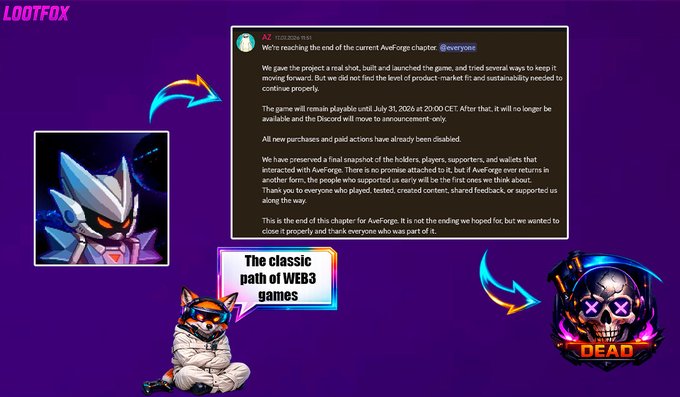 A purple-themed graphic by 'LOOTFOX' featuring an AveForge announcement about shutting down, with character art and text reading 'The classic path of WEB3 games' pointing to a 'DEAD' skull icon.