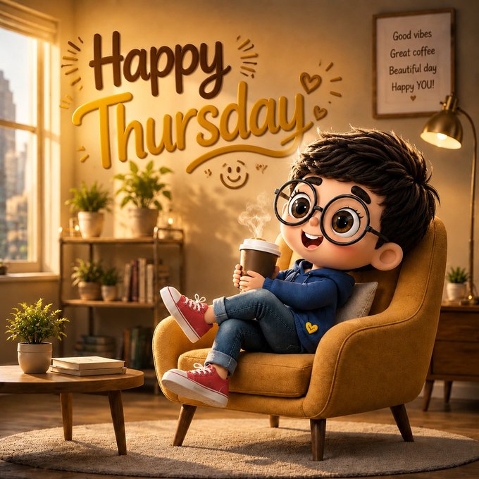 A 3D-style cartoon illustration of a young boy with glasses sitting in a yellow armchair, holding a steaming cup of coffee, with the large text 'Happy Thursday' in the upper left and a framed sign reading 'Good vibes, Great coffee, Beautiful day, Happy YOU!' on the wall behind him.