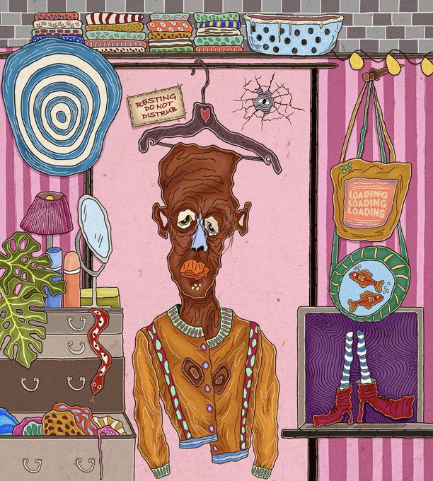A colorful, surreal illustration of a brown figure in a sweater standing in a cluttered room with a 'RESTING DO NOT DISTURB' sign and a 'LOADING LOADING LOADING' bag.
