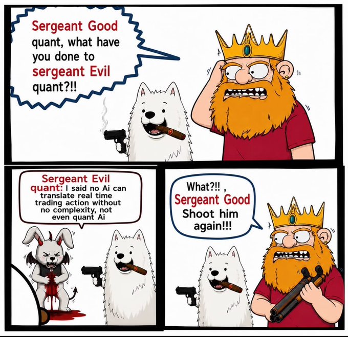 A three-panel comic meme featuring a bearded king, a white dog with a gun smoking a cigar, and a bloody devil bunny, discussing "Sergeant Good quant" and "Sergeant Evil quant" in relation to AI and complexity.