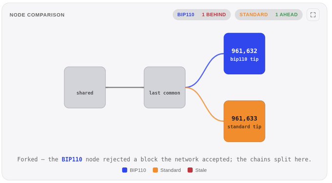 A "NODE COMPARISON" diagram showing a blockchain fork between "BIP110" (block 961,632) and "Standard" (block 961,633) after their last common block, indicating that the BIP110 node rejected a block the network accepted.