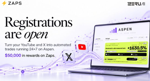A promotional advertisement with the text 'ZAPS Registrations are open' from 'BERU AI', promoting Aspen with '$50,000 in rewards' and showing a laptop displaying '+1630.5%'.