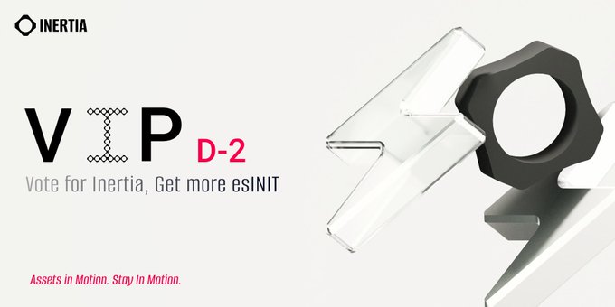 A promotional graphic for Inertia displaying 'VIP D-2' with the message 'Vote for Inertia, Get more esINIT,' featuring large stylized 3D 'I' letters and the tagline 'Assets in Motion. Stay In Motion.'
