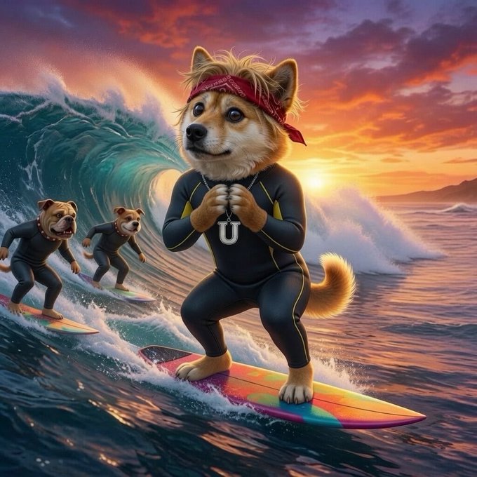 An anthropomorphic Shiba Inu dog wearing a red bandana and wetsuit surfs a colorful board, with two bulldogs surfing behind him against a sunset ocean backdrop.